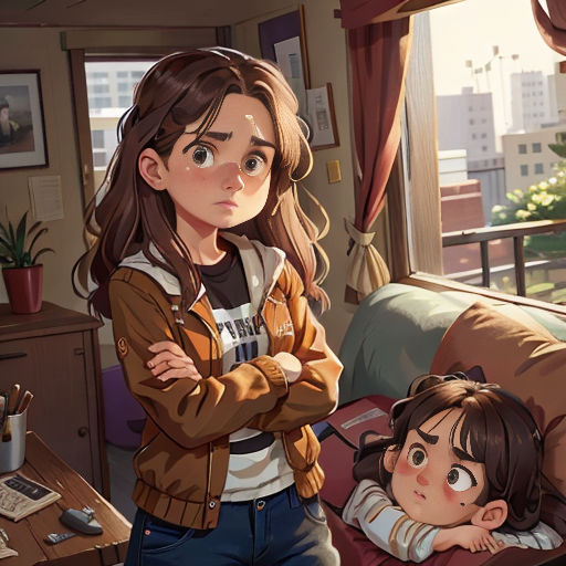 a girl and a girl are standing in a room with a window and a desk with a computer on it