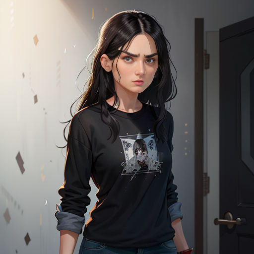 a woman in a black shirt standing in a room with a door and a black door handle on the door