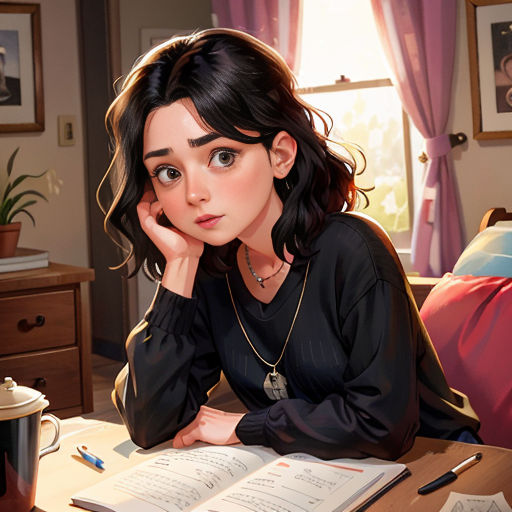 a woman sitting at a desk with a book and pen in her hand and a cup of coffee in front of her