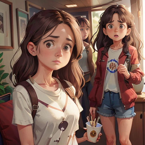 a girl with a backpack and a girl with a backpack are standing in a room with other people and one girl is holding a cup