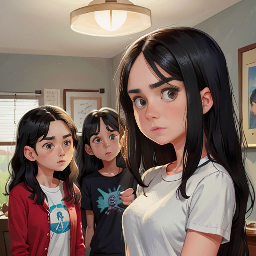 a group of young women standing next to each other in a room with a light on above them and a painting of a woman in the background