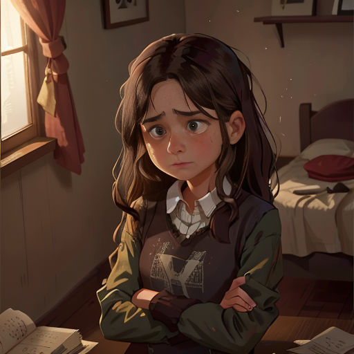 a girl is standing in a room with a book and papers on the table and looking at the camera
