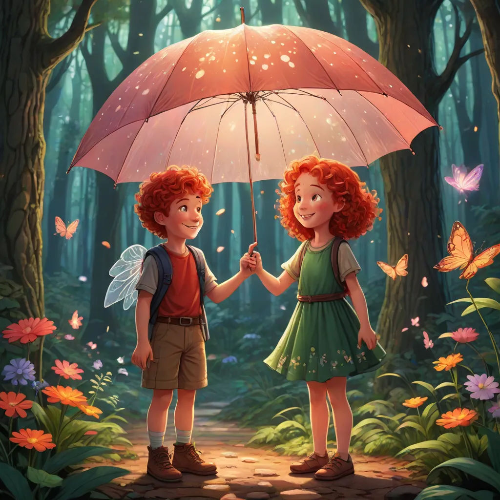 a couple of kids standing under an umbrella in the woods with butterflies flying around them and a butterfly on the umbrella, Diego Gisbert Llorens, magic realism, a storybook illustration, storybook illustration