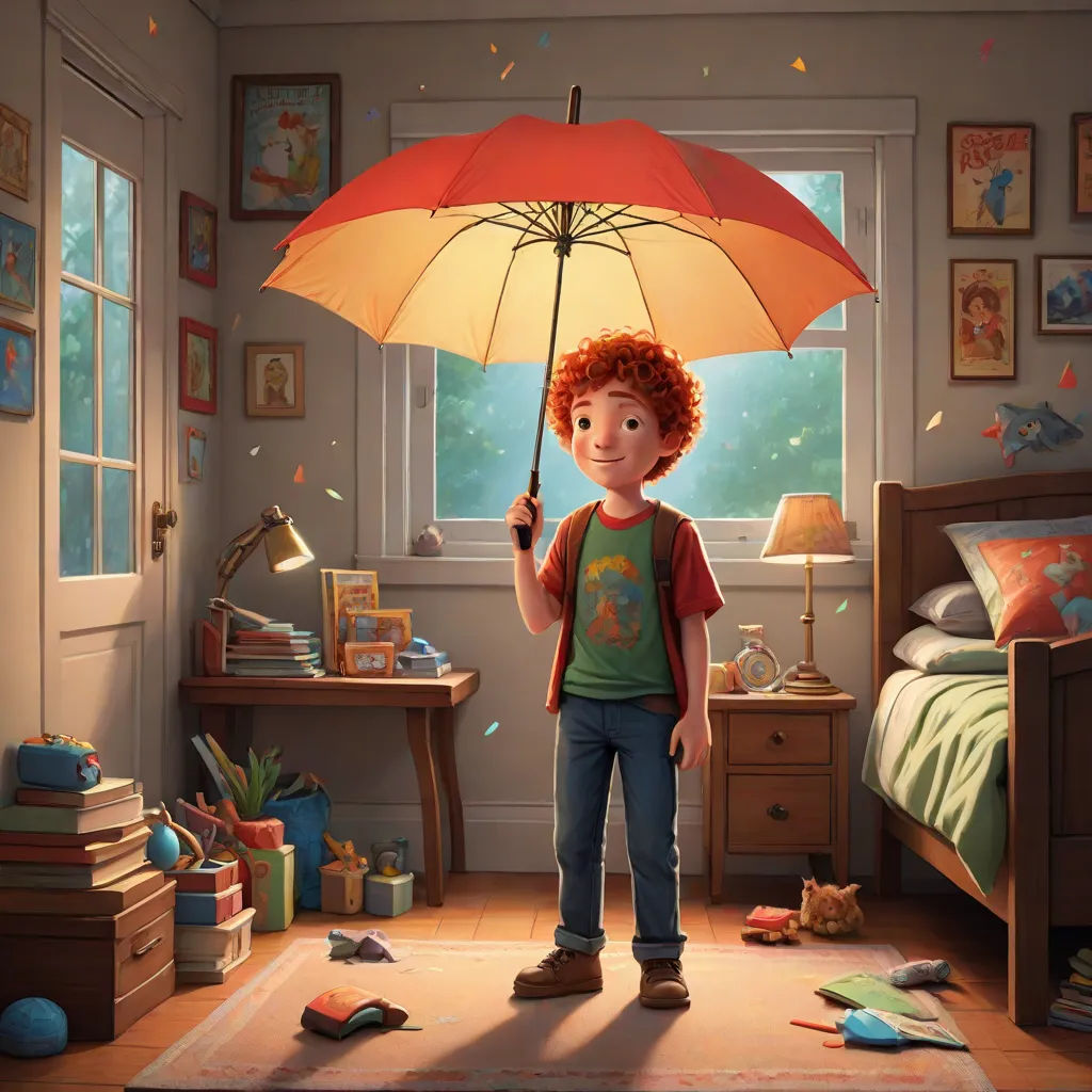 a child holding an umbrella in a bedroom with a window and toys all around him and a bed with a teddy bear, Chris LaBrooy, photorealism, a storybook illustration, promotional image