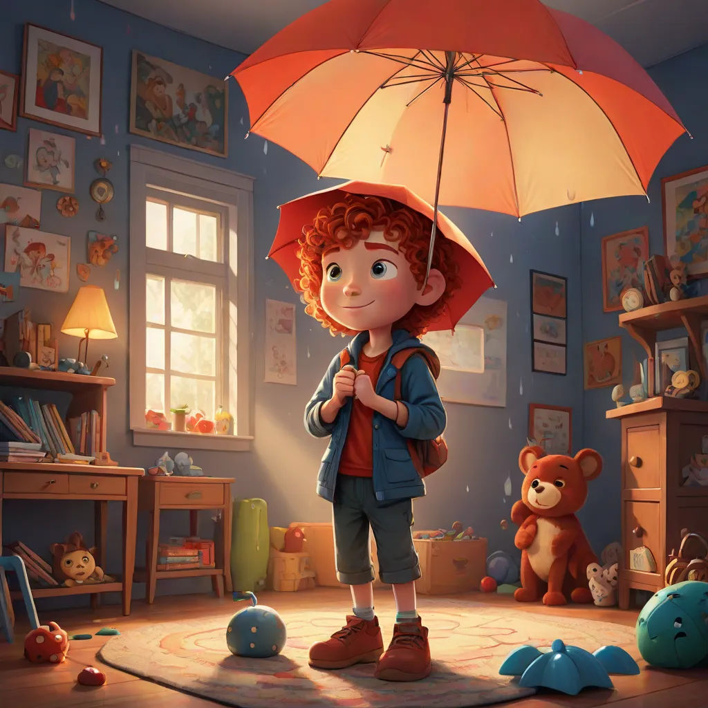 a little girl holding an umbrella in a room with toys and a teddy bear on the floor in the corner, Chris LaBrooy, photorealism, a storybook illustration, rossdraws global illumination