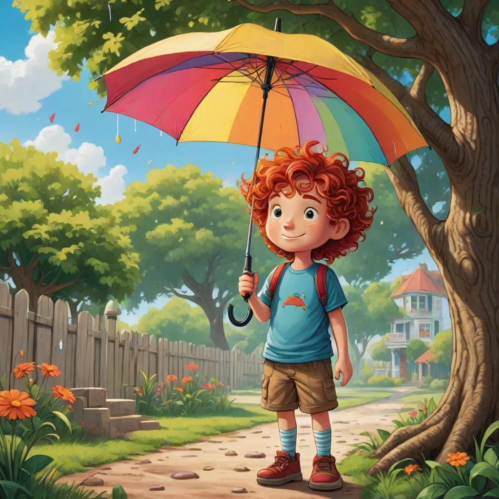 a little boy holding an umbrella in the rain by a tree and a fence with flowers on it and a house in the background, David Brewster, american scene painting, a storybook illustration, storybook illustration