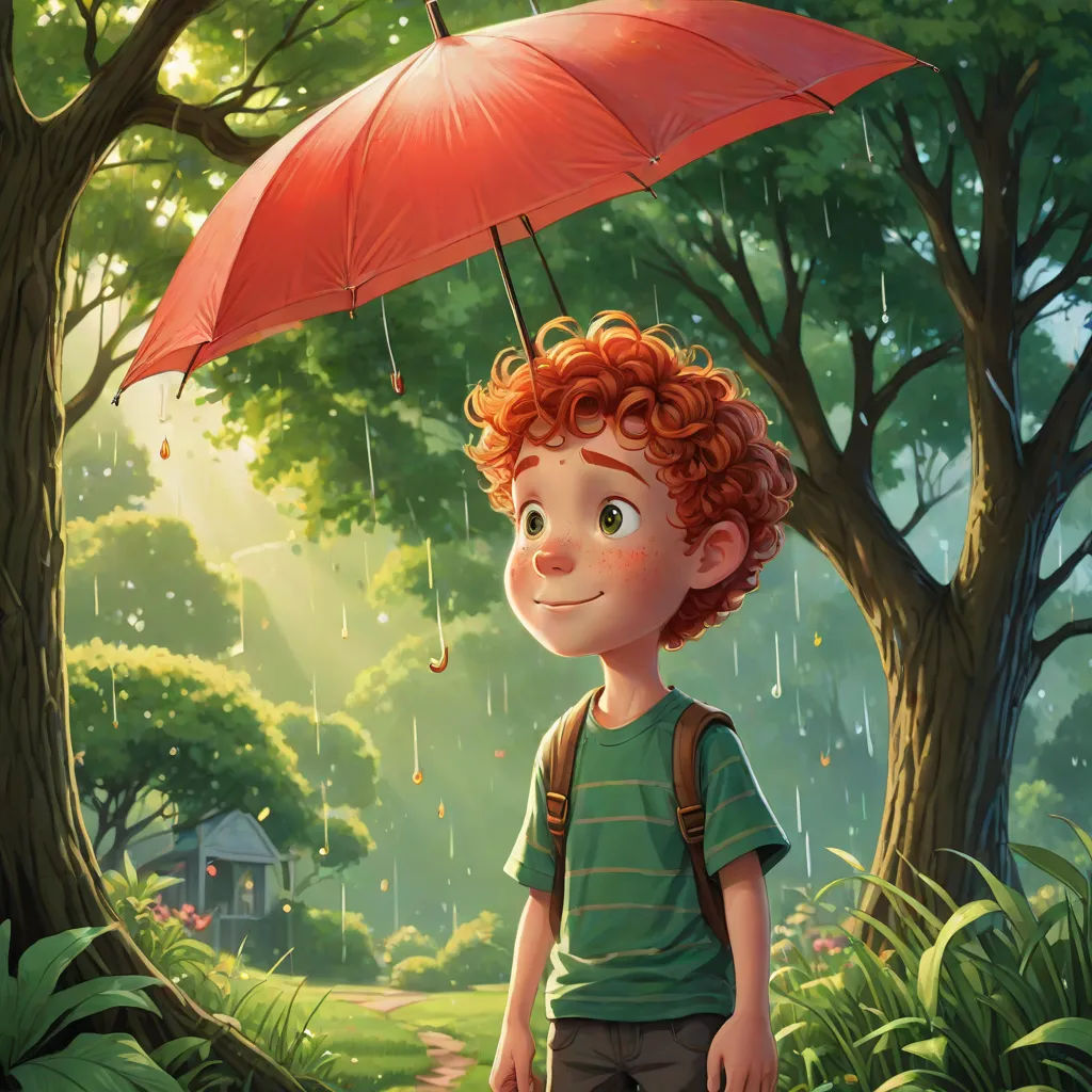 a boy with a backpack and an umbrella in the rain in a forest with a house in the background, Aaron Jasinski, photorealism, a storybook illustration, cgstudio