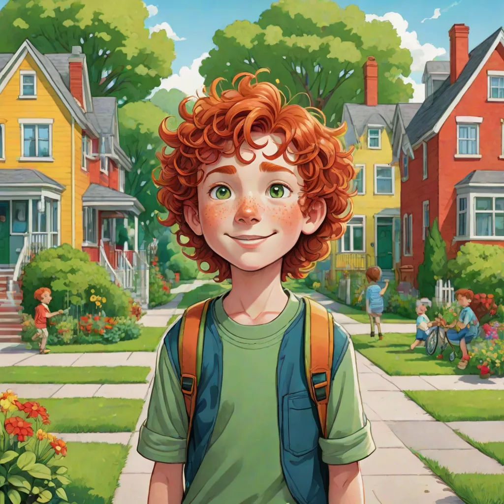 a boy with red hair and a backpack standing in front of a house with a garden and a sidewalk, Chase Stone, american scene painting, a storybook illustration, official art