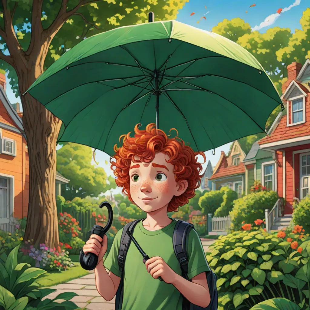 a boy with red hair holding an umbrella in a garden with houses in the background and a path leading to a house, Aaron Jasinski, plein air, a storybook illustration, storybook illustration