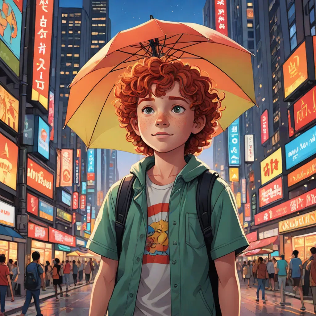 a boy with red hair and a backpack is standing in the street with an umbrella over his head and a cityscape in the background, Aaron Jasinski, photorealism, a storybook illustration, rossdraws global illumination