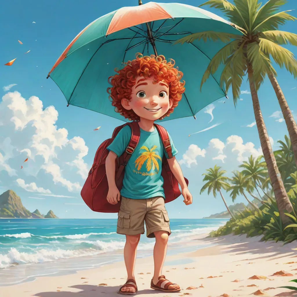 a boy with a backpack and a backpack under an umbrella on a beach with palm trees and a mountain in the background, Aaron Jasinski, photorealism, a storybook illustration, rossdraws global illumination