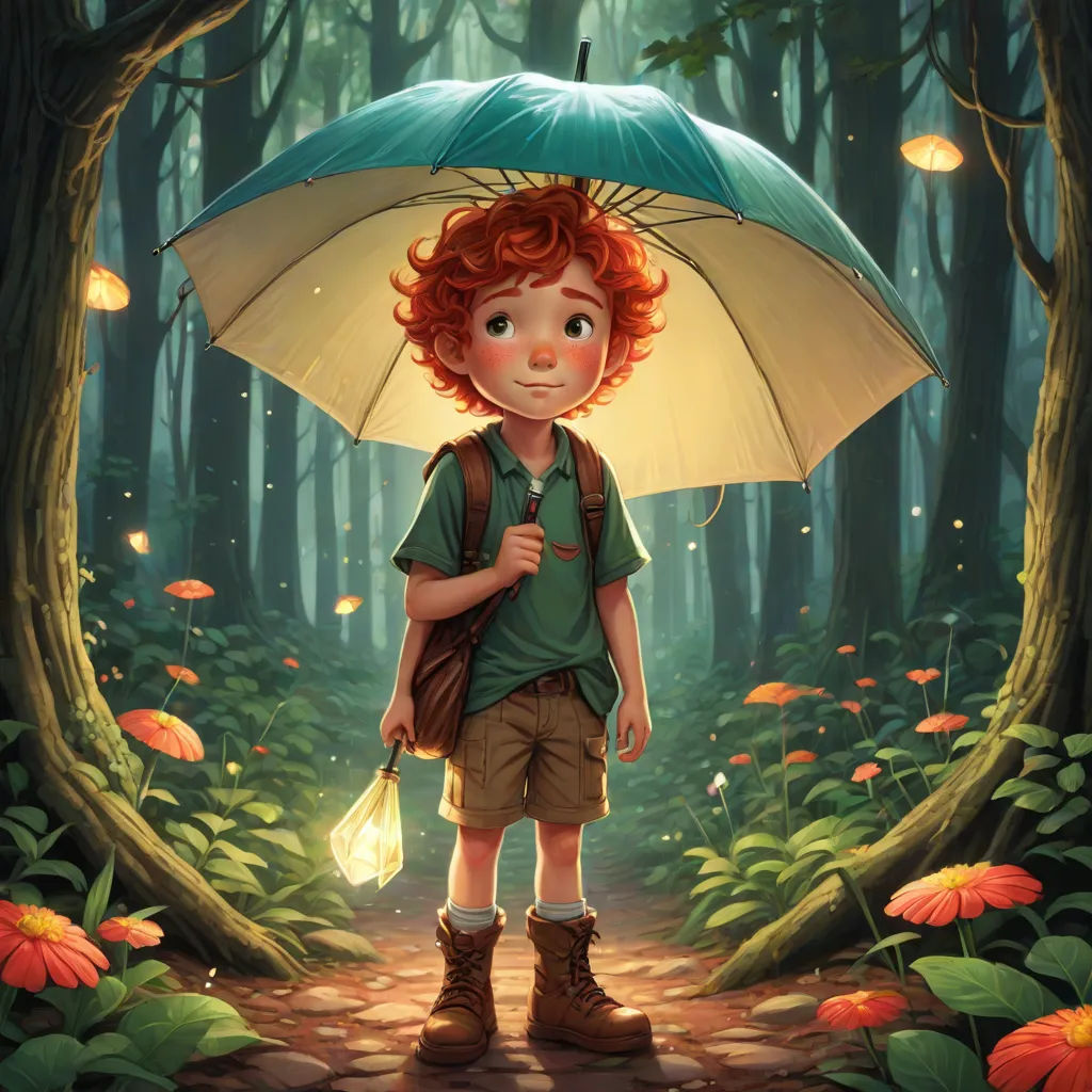 a young boy holding an umbrella in a forest with flowers and trees around him, in the background is a path through the woods, Aaron Jasinski, fantasy art, a storybook illustration, rossdraws global illumination