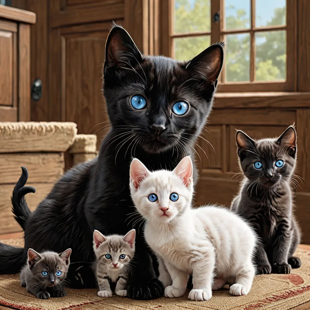 a group of cats sitting on top of a rug next to a window sill with blue eyes on them, photorealism, a photorealistic painting, Bourgeois, blue eyes