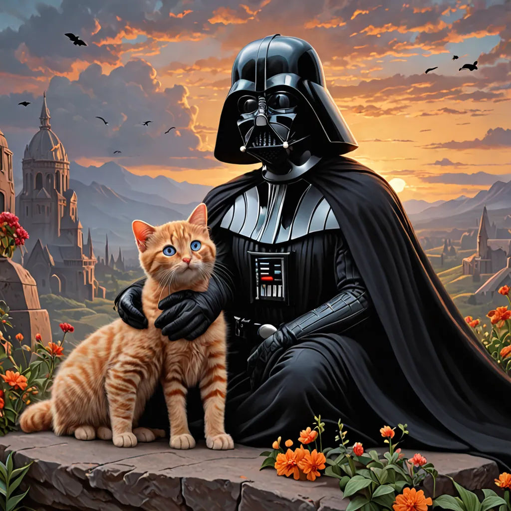 a cat sitting next to a star wars character with a darth vader costume on and a cat sitting next to it, fantasy art, a fine art painting, Dan Mumford, josan gonzales and dan mumford