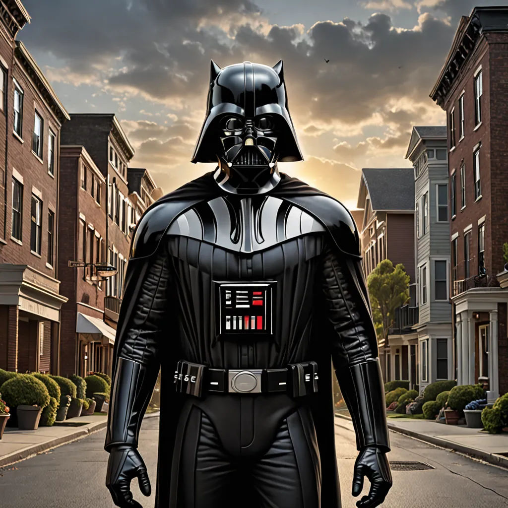 a man in a darth vader costume is walking down the street in a neighborhood at sunset with a storm, fantastic realism, a detailed matte painting, Edward George Handel Lucas, behance hd