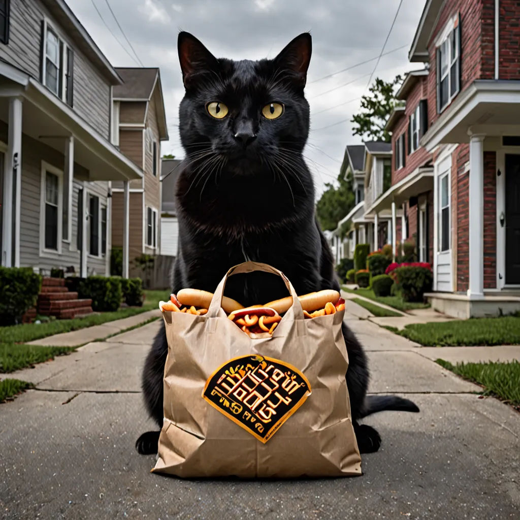 a black cat sitting on the sidewalk with a bag of hot dogs in front of it and a bag of hot dogs in the front, conceptual art, an album cover, Dan Frazier, award - winning photography