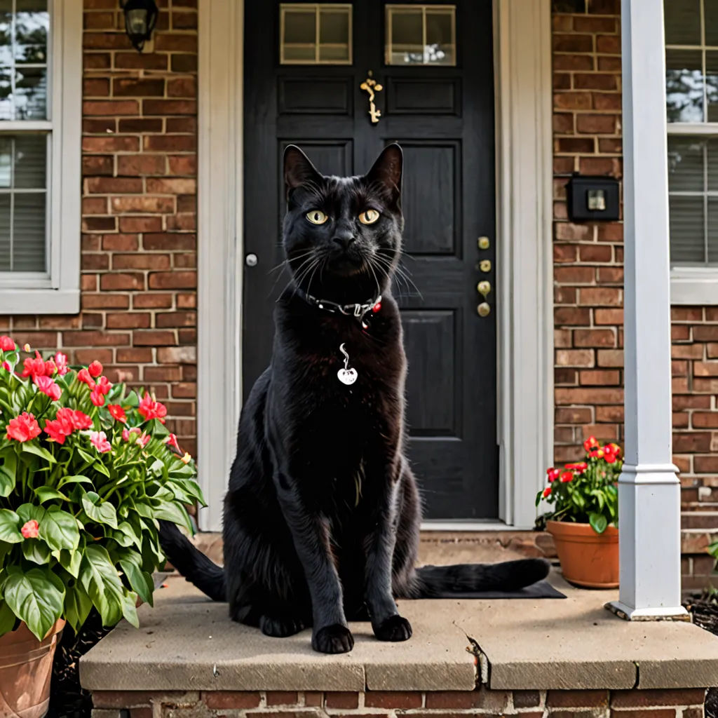 a black cat sitting on a porch next to a house with flowers in front of it and a door, arts and crafts movement, a stock photo, Felix Octavius Carr Darley, professional photo