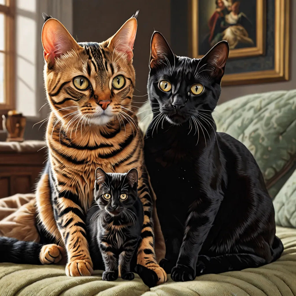 a cat and two kittens sitting on a couch together, one is black and the other is brown, photorealism, a photorealistic painting, Brothers Hildebrandt, highly detailed digital painting