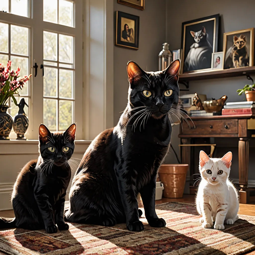 a couple of cats sitting on top of a rug in a room with a window and a rug on the floor, photorealism, a hyperrealistic painting, Chris LaBrooy, promotional image