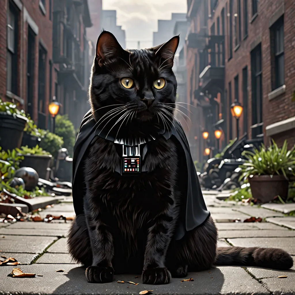 a black cat wearing a cape and sitting on a sidewalk in a city street with a lamp post in the background, furry art, a character portrait, Edward George Handel Lucas, star wars