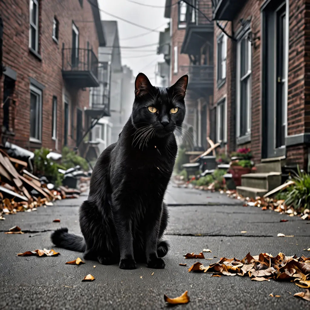 a black cat sitting on a street in front of a building with lots of leaves on the ground and a few buildings, gothic art, a character portrait, Dirk Crabeth, award - winning photography