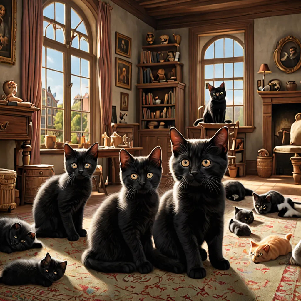 a group of cats sitting on top of a rug in a living room next to a fireplace and a window, furry art, a detailed matte painting, David Teniers III, highly detailed digital painting