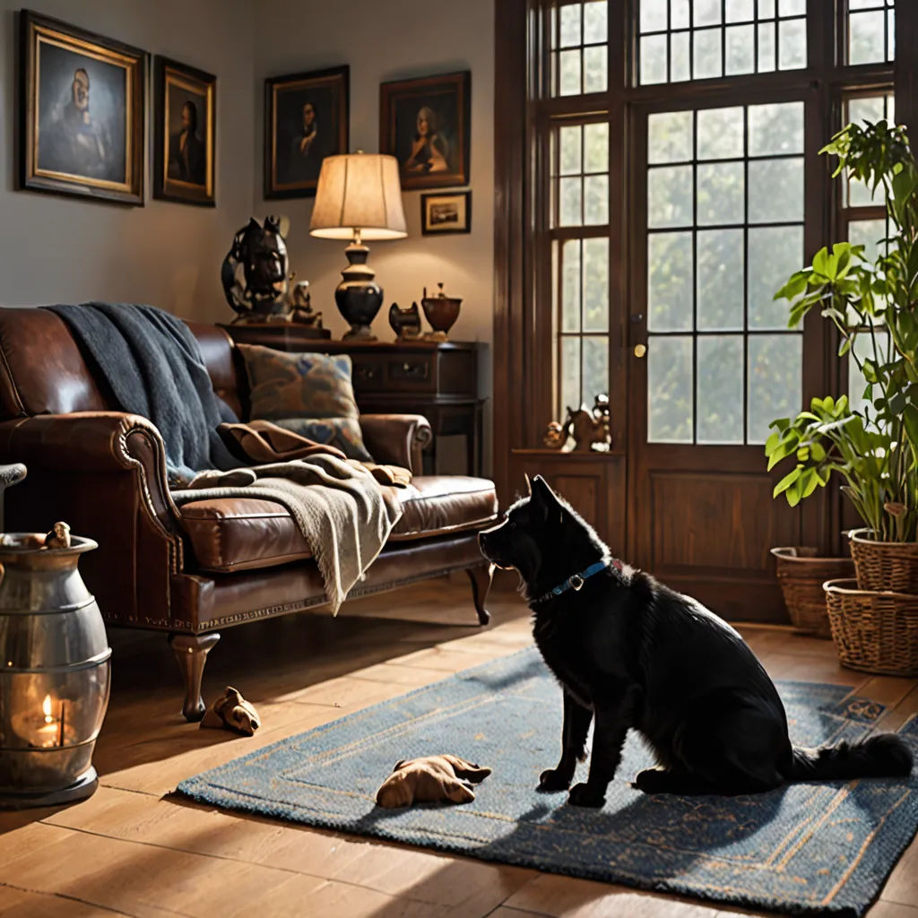 a dog sitting on a rug in a living room next to a couch and a chair with a lamp on it, arts and crafts movement, a still life, Enguerrand Quarton, rembrandt lighting