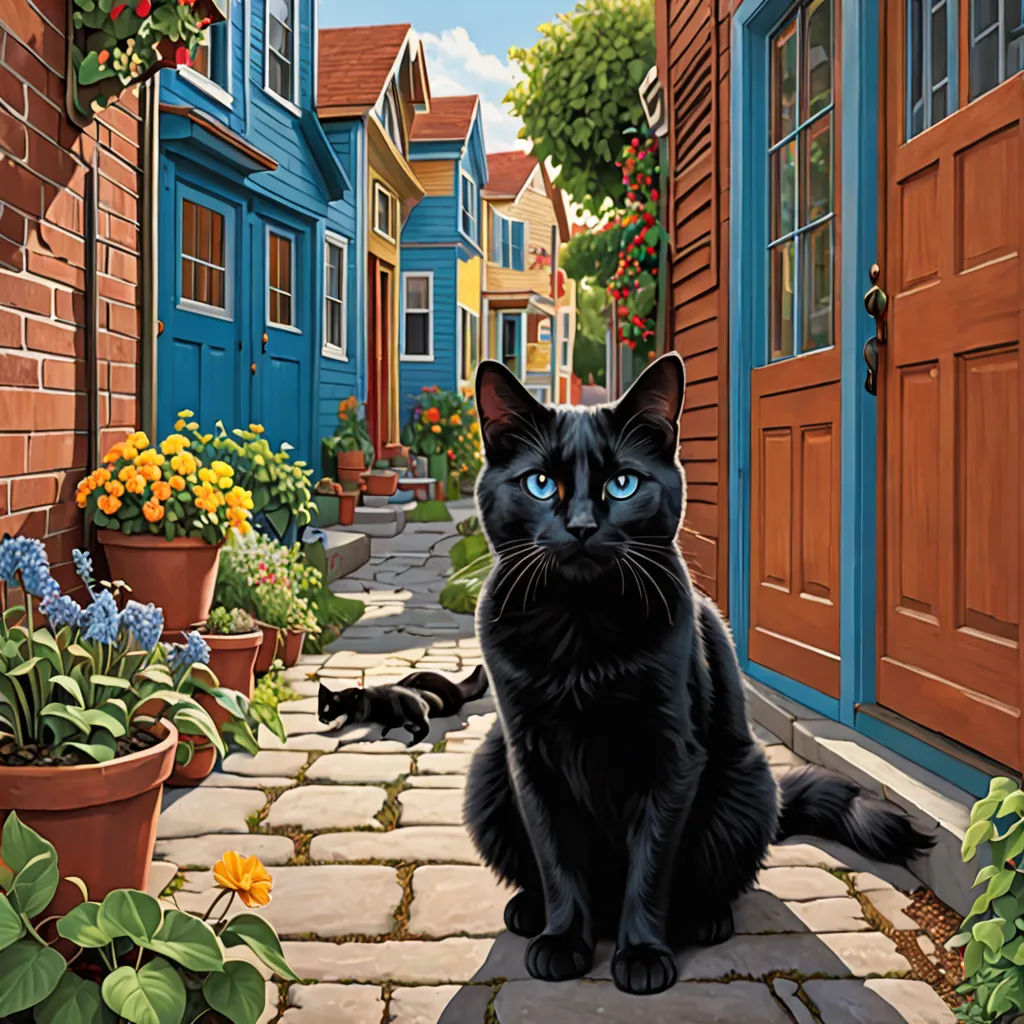 a black cat sitting on a cobblestone walkway next to a flower pot and a black cat with blue eyes, american scene painting, a storybook illustration, Chris LaBrooy, highly detailed digital painting