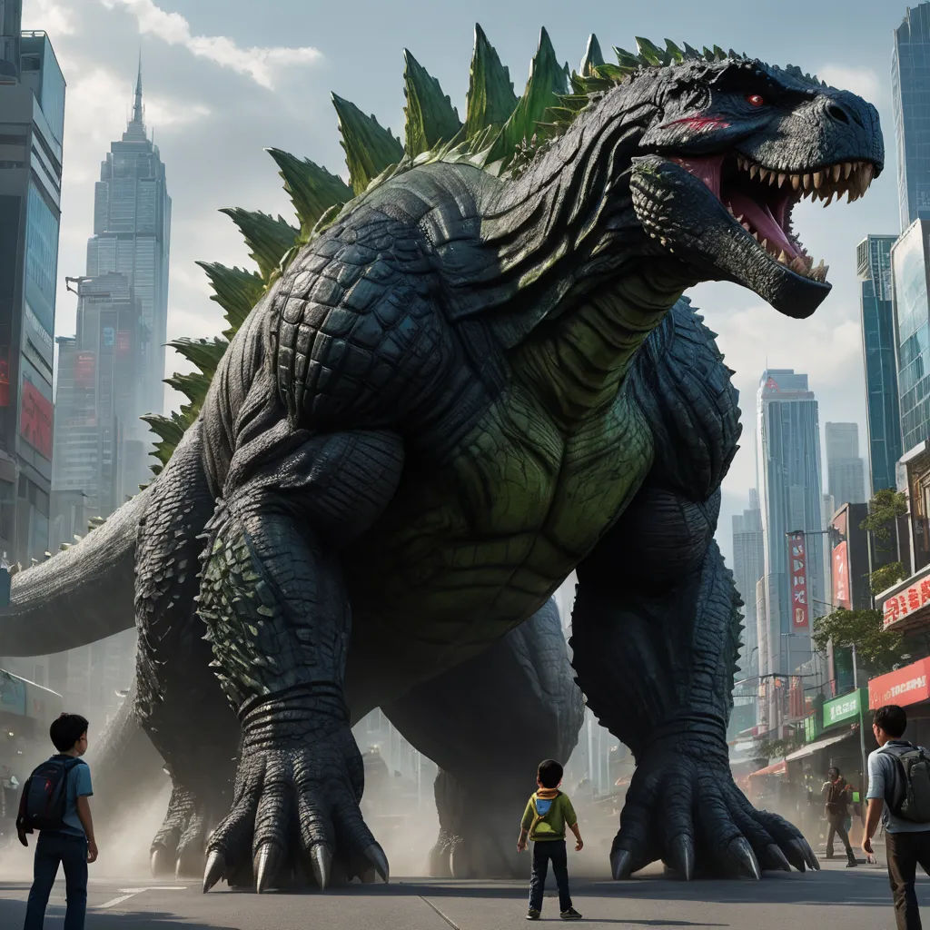 a large godzilla statue in a city with people standing around it and a man standing next to it with a backpack on his shoulder, photorealism, concept art, Adam Rex, cgi