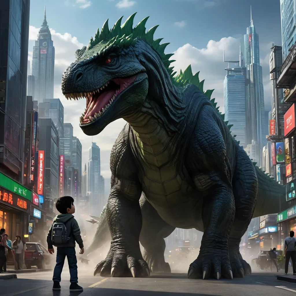 a boy standing in front of a giant dinosaur in a city street with skyscrapers in the background and a man standing next to it, photorealism, poster art, Adam Rex, promotional image
