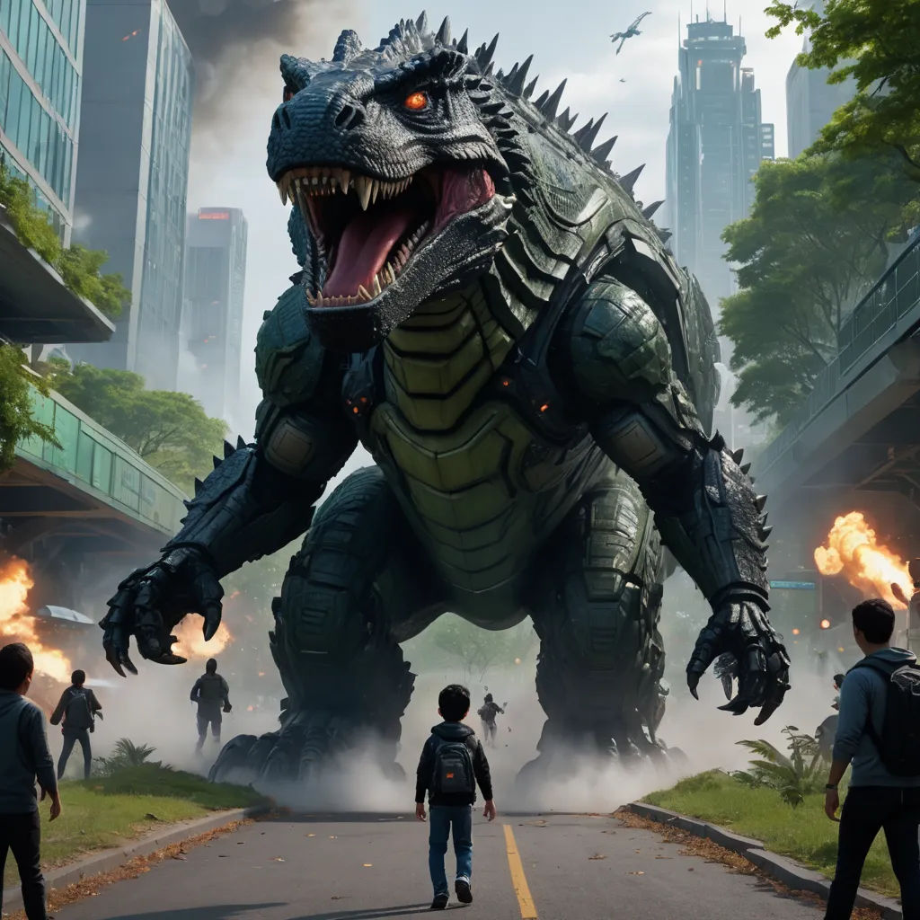 a godzilla is standing in the middle of a street with people walking by it and a large godzilla is in the background, sots art, concept art, Adam Rex, key art