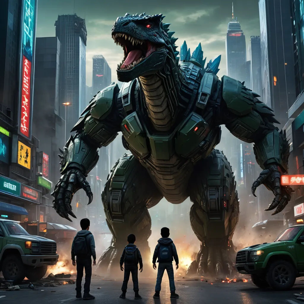 a godzilla is standing in the middle of a city street with a group of people standing around it in front of a large godzilla, sots art, poster art, Adam Rex, promotional image