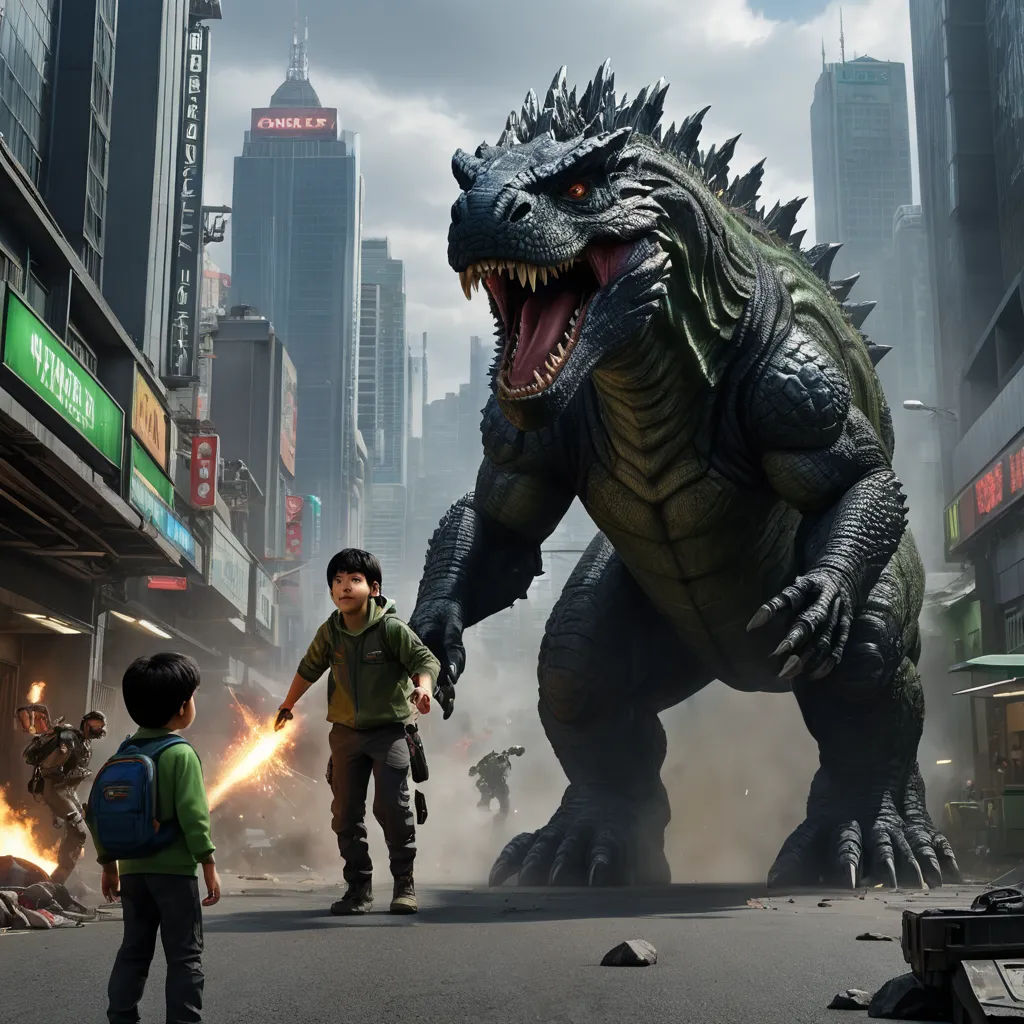 a godzilla is attacking a child in a city street with a fire hydrant in the foreground and a man standing in the foreground, photorealism, concept art, Chris LaBrooy, promotional image