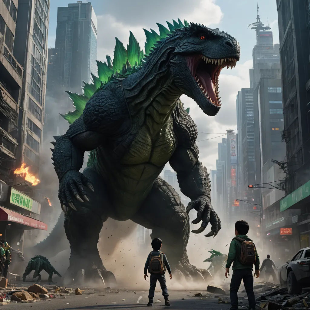 a godzilla is attacking a man in a city street with other people in the background and a large dinosaur in the foreground, sots art, poster art, Adam Rex, promotional image