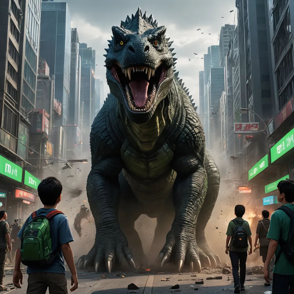 a large dinosaur standing in the middle of a city street with people walking around it and a man in a backpack, photorealism, concept art, Chris LaBrooy, ultra realistic digital art