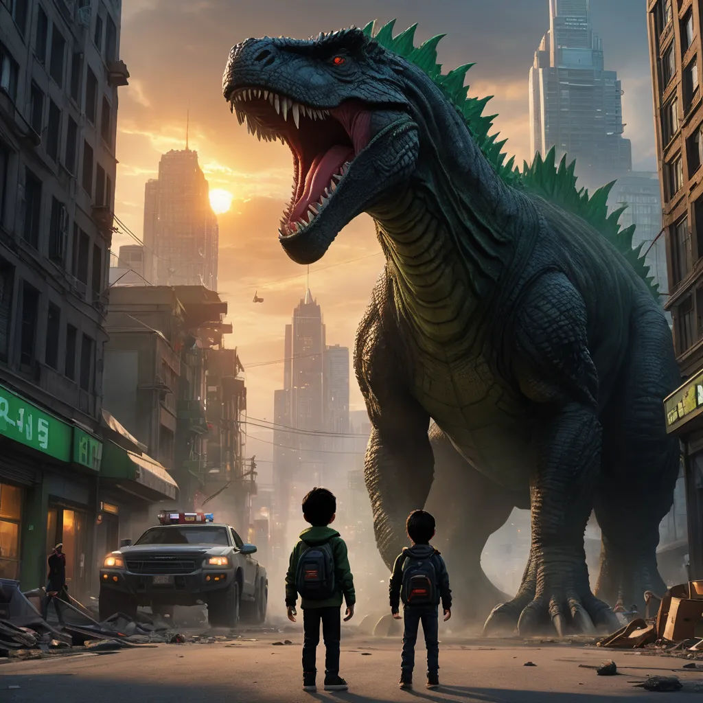 a couple of kids standing next to a dinosaur in a city street at sunset with a police car in the background, photorealism, poster art, Adam Rex, dan mumford. octane render