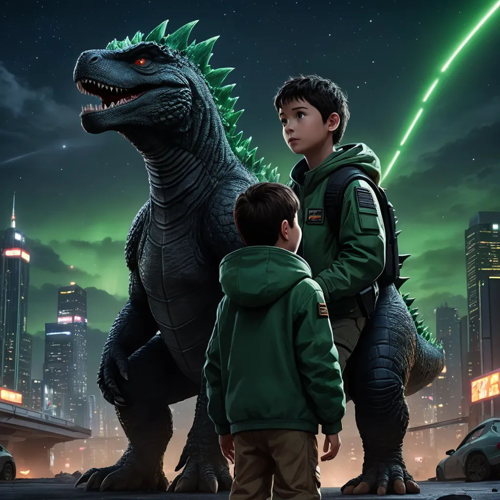 a boy and a boy standing next to a dinosaur in a city at night with a green laser light, photorealism, poster art, Adam Rex, key art
