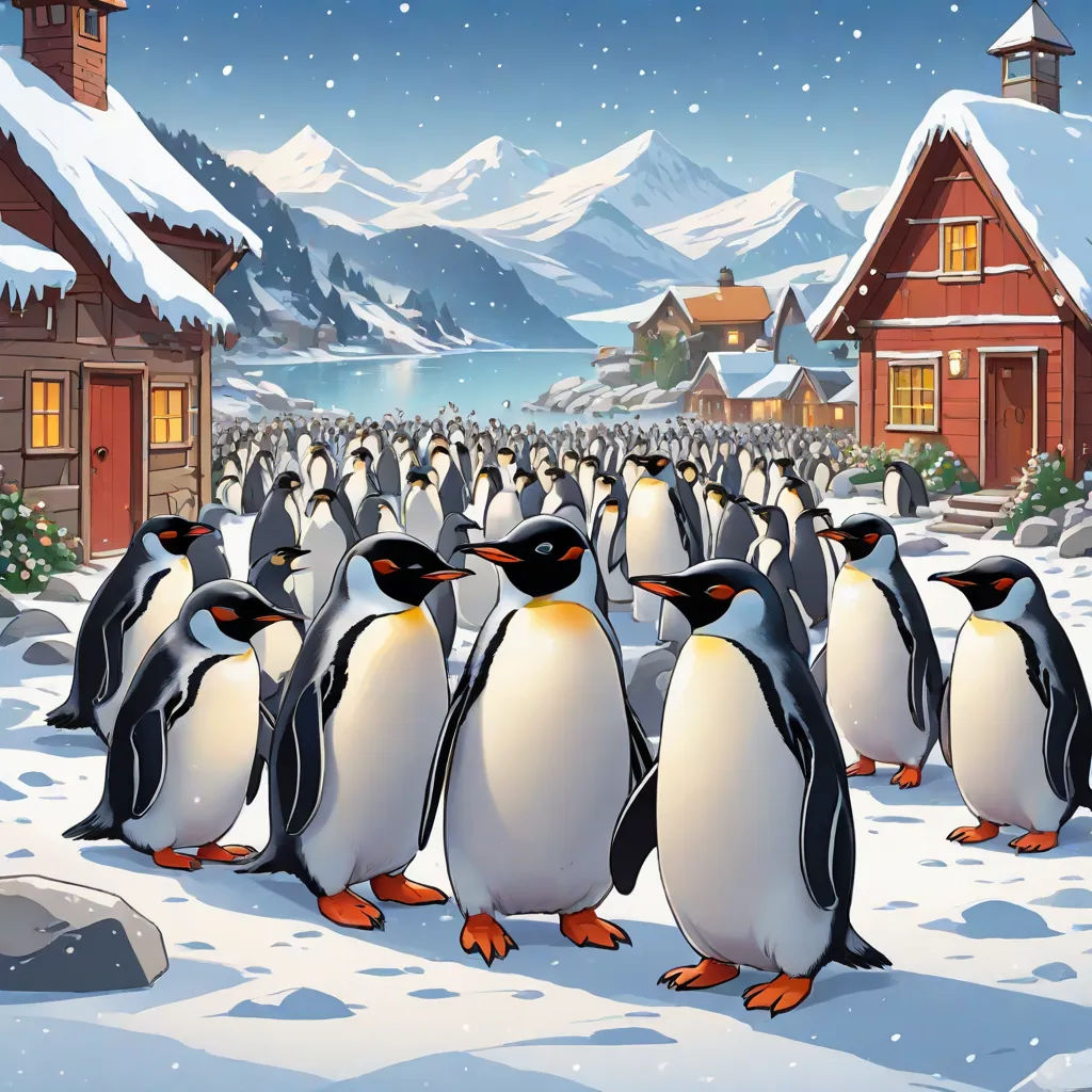 a group of penguins standing in the snow near a house and a mountain with snow on it and a red building, naive art, a storybook illustration, Chris LaBrooy, detailed illustration