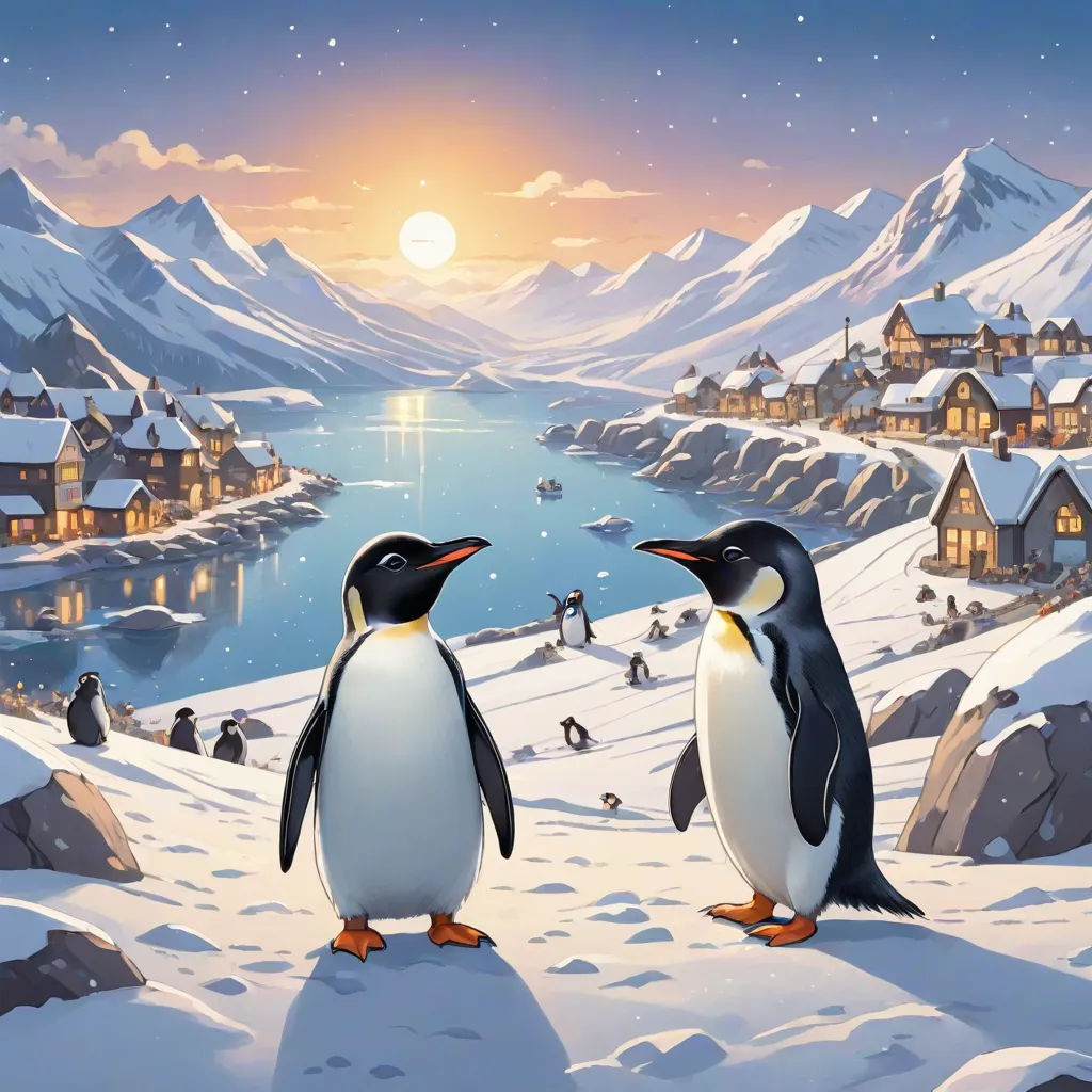 two penguins standing on a snowy hill with a village in the background and a full moon in the sky, naive art, a detailed matte painting, Evgeny Lushpin, official art