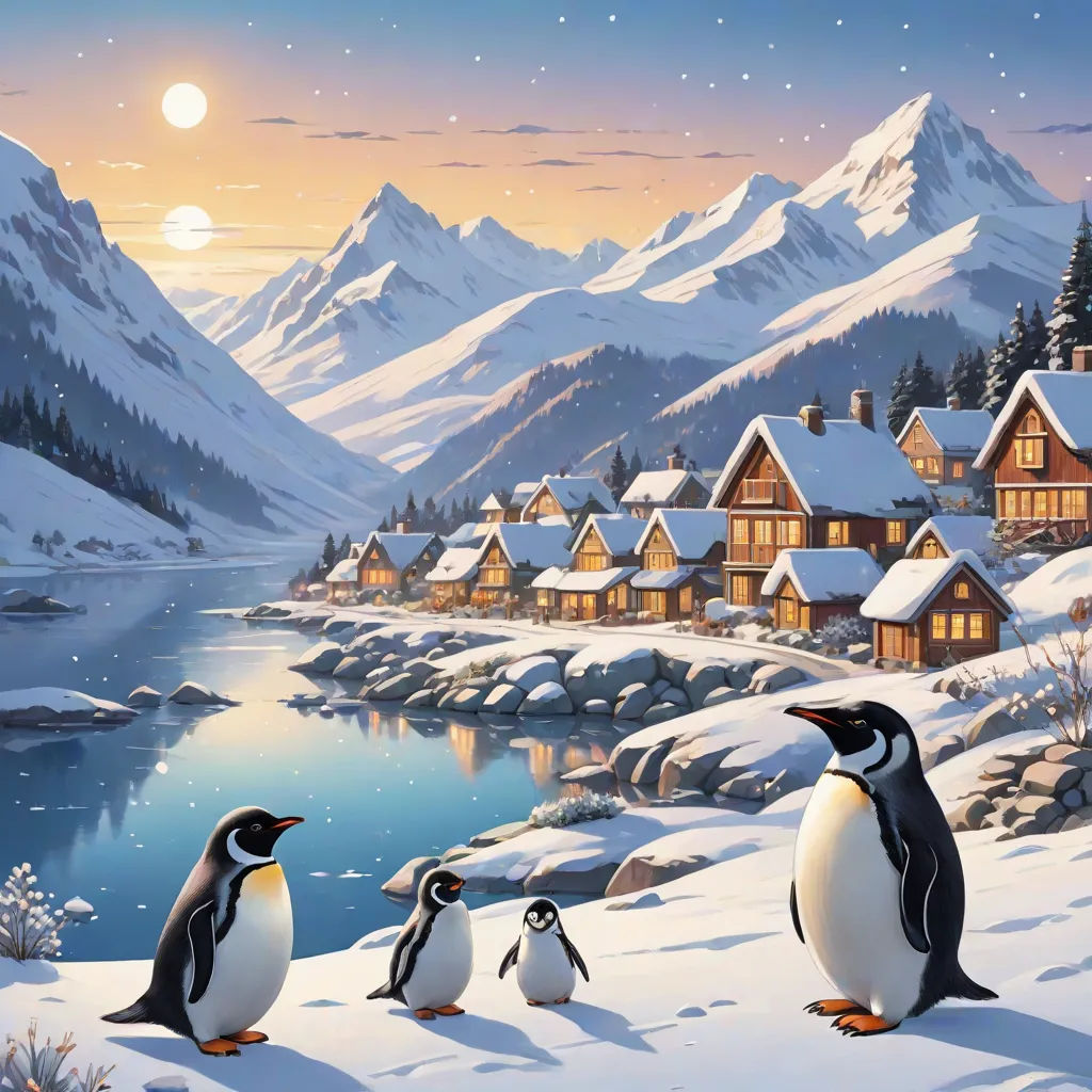 a painting of three penguins standing in front of a snowy village with a lake and mountains in the background, naive art, a detailed matte painting, Evgeny Lushpin, kinkade