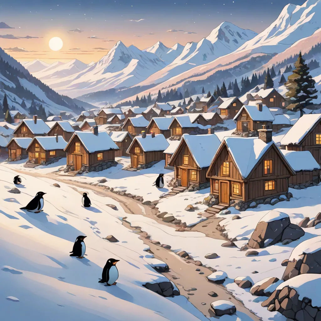 a painting of a village with penguins in the snow and mountains in the background, with a full moon, american scene painting, a detailed matte painting, Dan Mumford, kinkade
