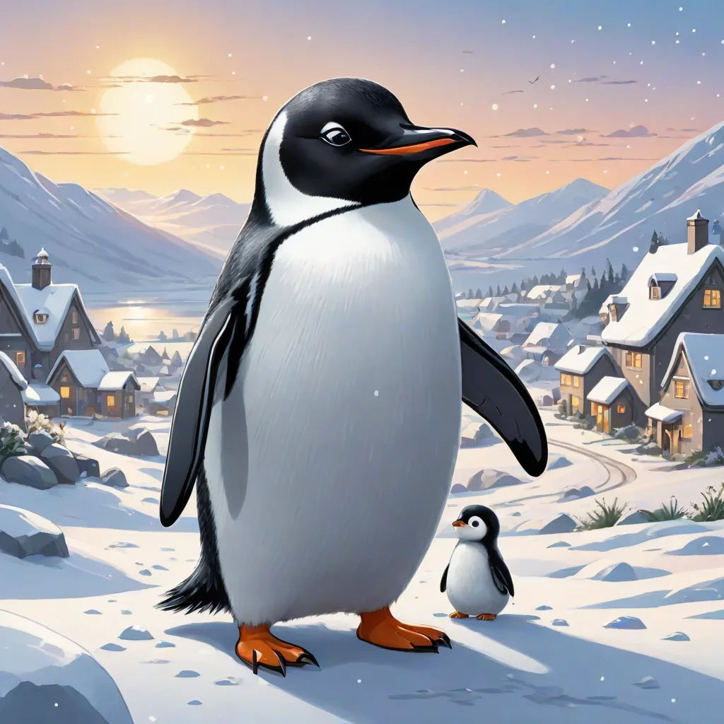 a penguin and a penguinling standing in the snow in front of a snowy village with a full moon, naive art, a storybook illustration, Cliff Childs, official art