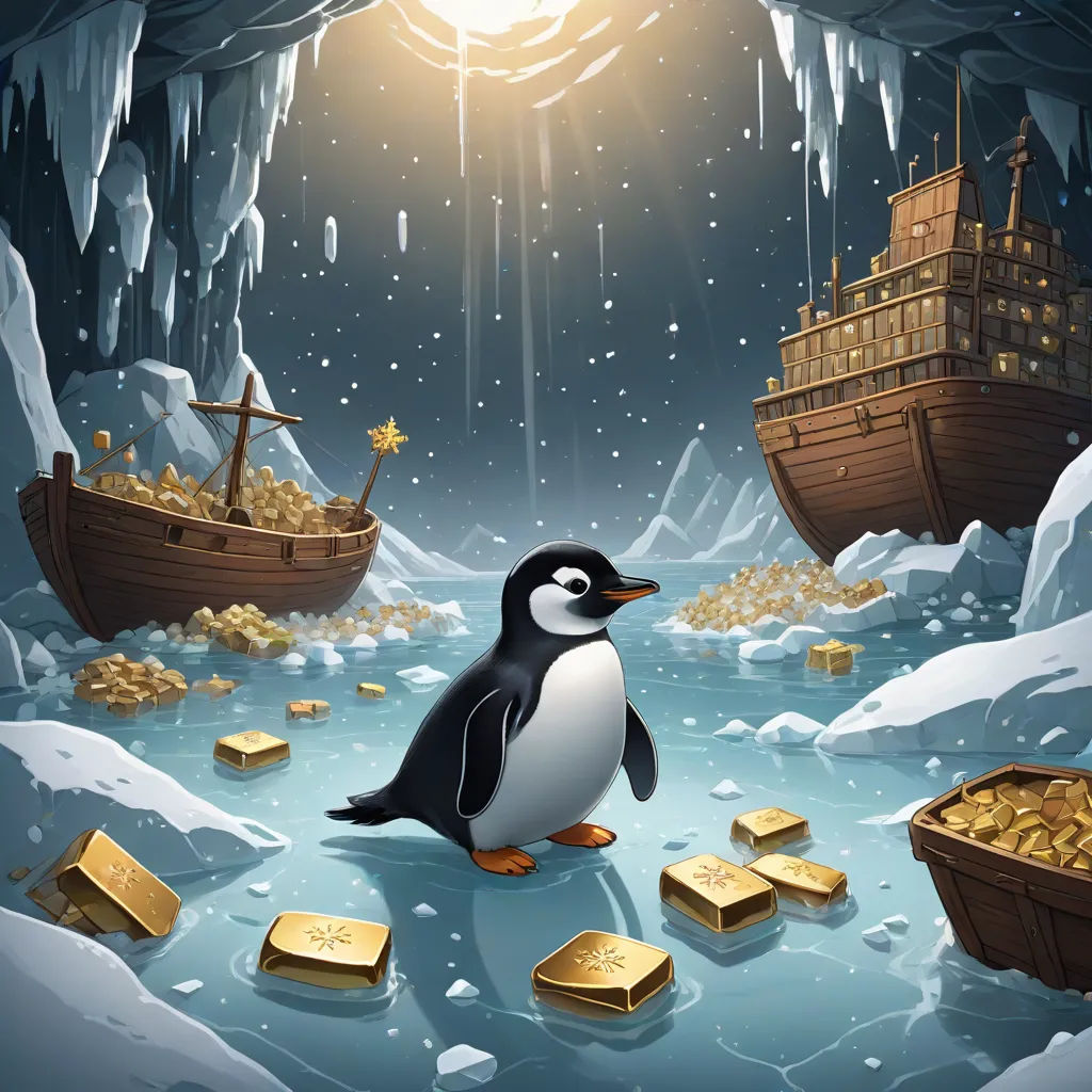 a penguin standing in front of a boat with gold bars in it's mouth and a ship in the background, fantasy art, a storybook illustration, Cyril Rolando, game art