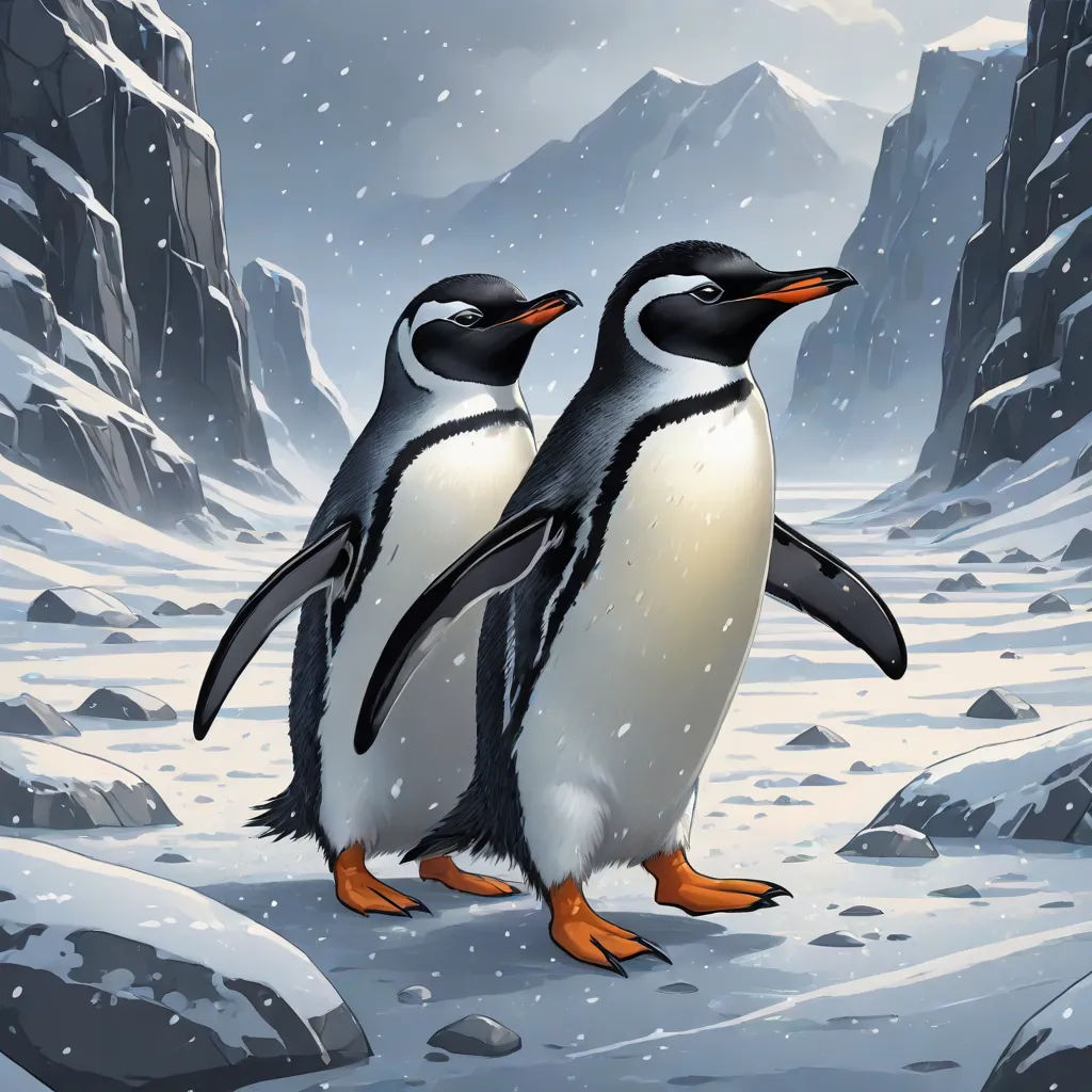 two penguins standing on a snowy mountain side by side in front of a snowy landscape with rocks and snow, computer art, a detailed painting, Chris LaBrooy, official art