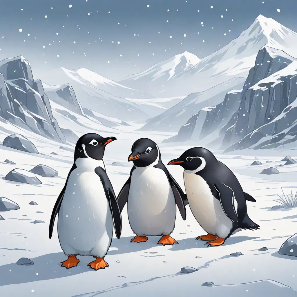 three penguins are standing in the snow near a mountain range with snow falling on it and a snow covered mountain in the background, computer art, a storybook illustration, Cliff Childs, official art
