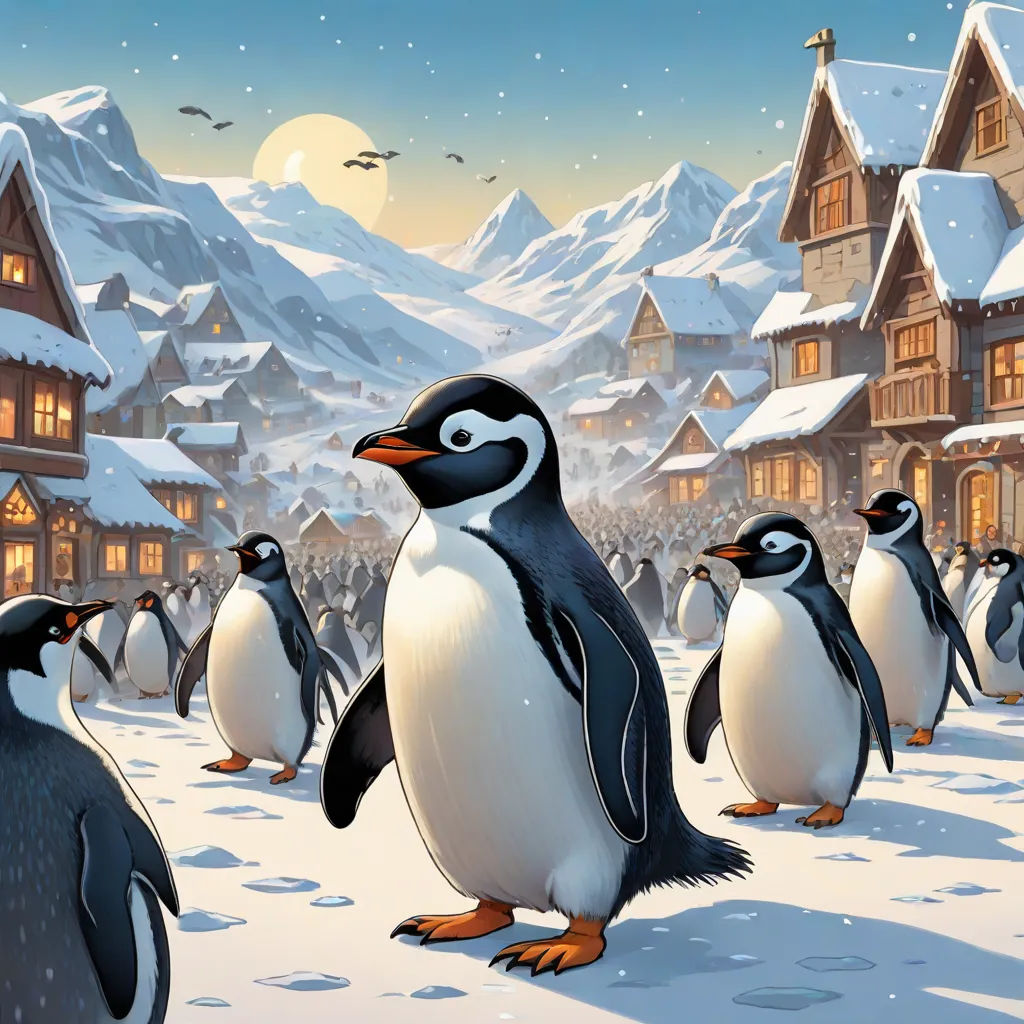 a group of penguins standing in front of a snowy village with a full moon in the sky above them, fantasy art, a storybook illustration, Chris LaBrooy, official art