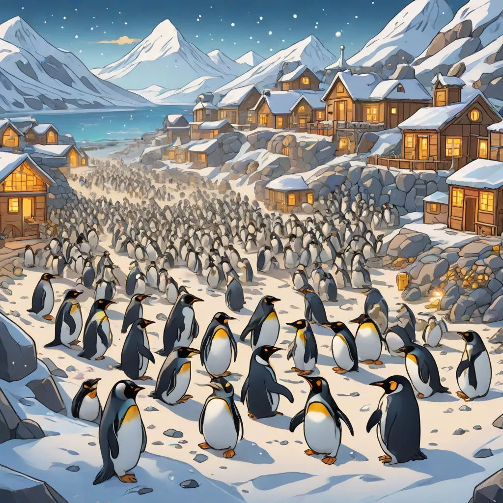 a group of penguins standing in front of a snowy village with a lot of houses and a lot of snow, naive art, a storybook illustration, Chris LaBrooy, detailed illustration