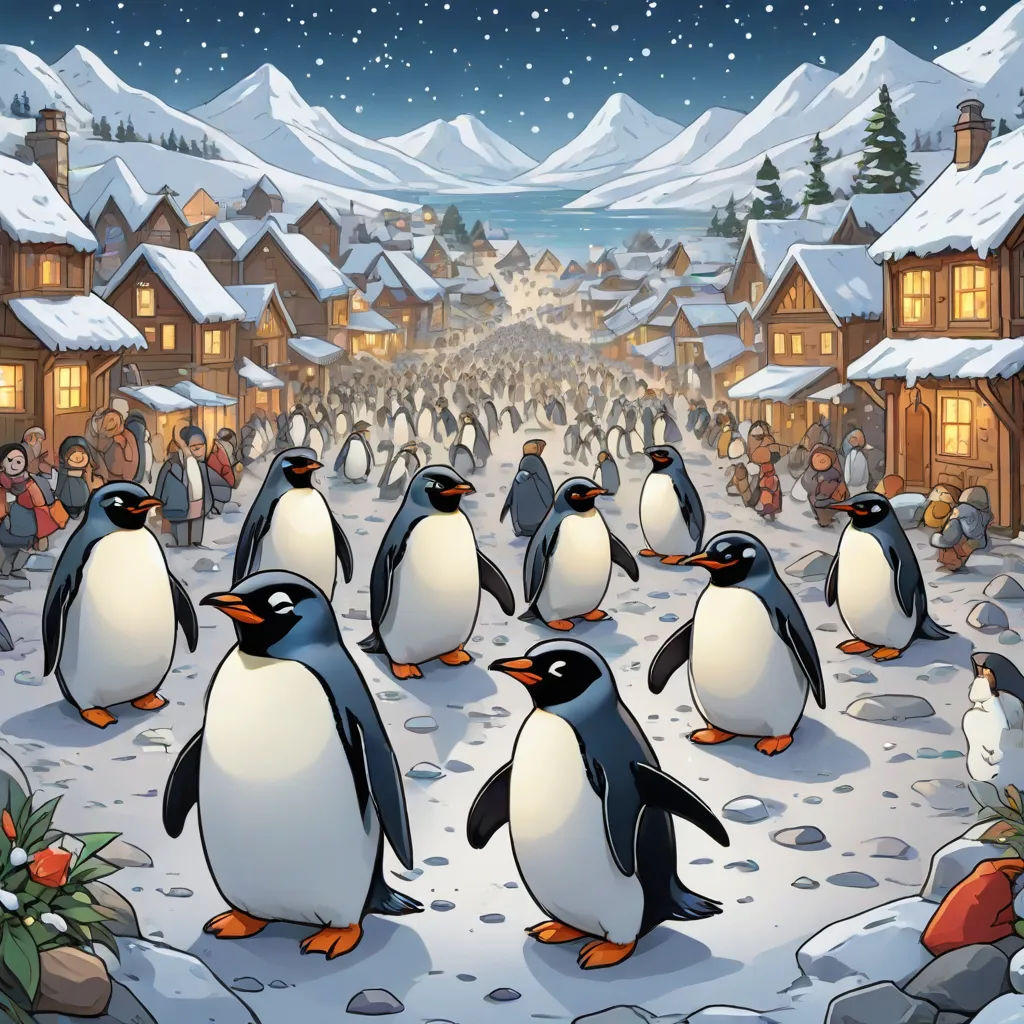 a group of penguins walking through a village at night with snow on the ground and a snowman in the foreground, computer art, a storybook illustration, Chris LaBrooy, official art