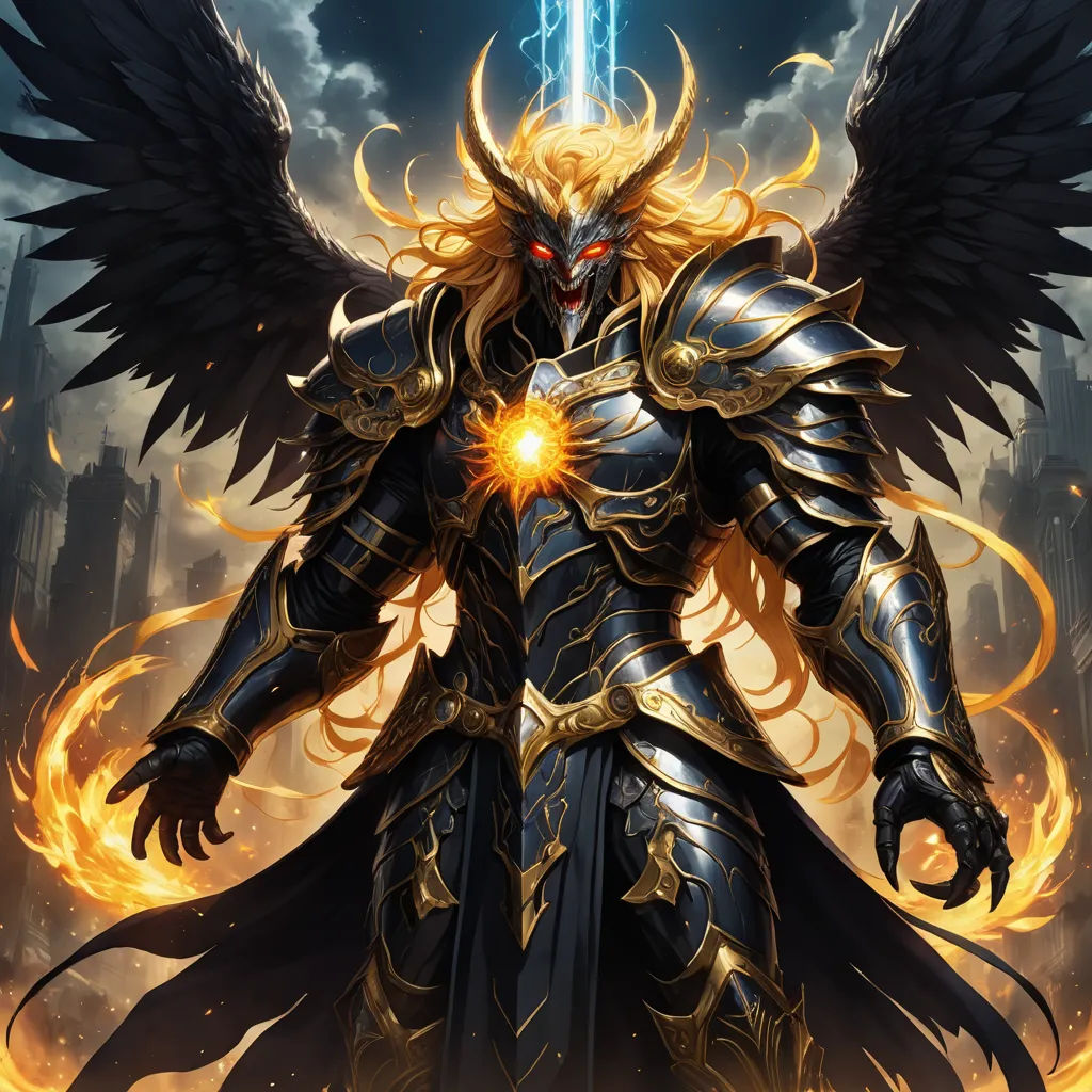 a man in armor with wings and a sword in his hand, standing in front of a cityscape, fantasy art, a detailed painting, Anne Stokes, magic the gathering artwork