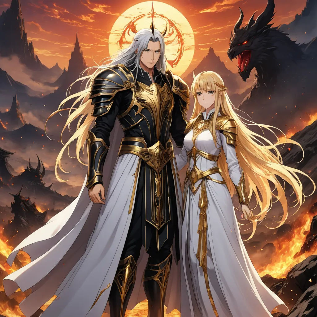 a couple of people standing next to each other in front of a sunset and a dragon in the background, fantasy art, a poster, Dai Xi, official art